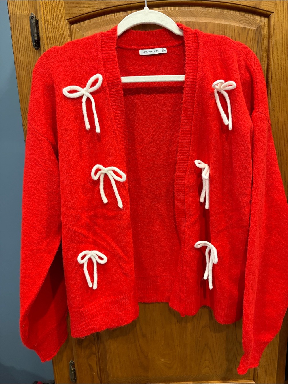 NWOT Staccato Bright Red Open Cardigan with White Bow Details size small